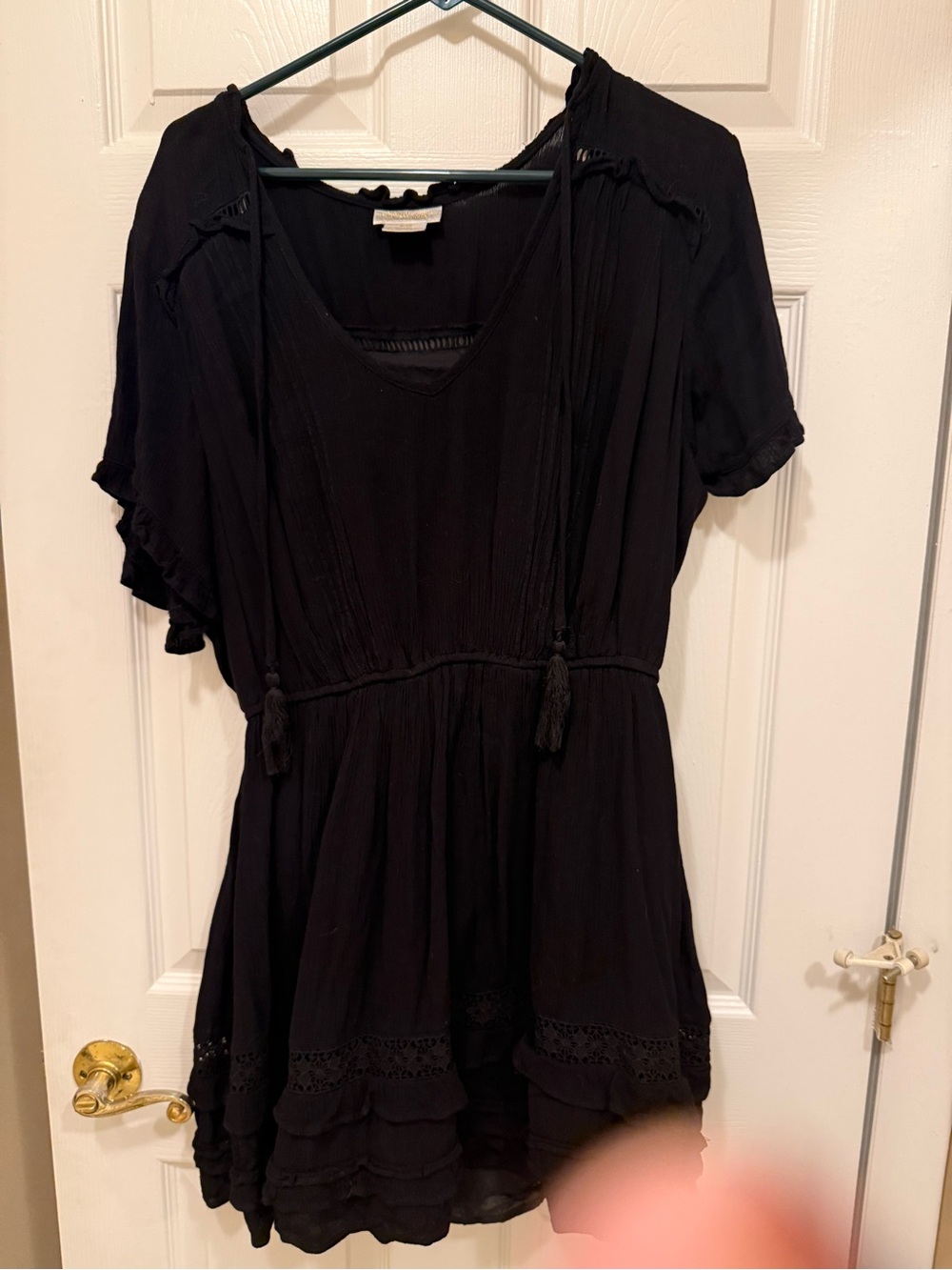 Women's Black Midi Peasant Dress with Tassel Detail
